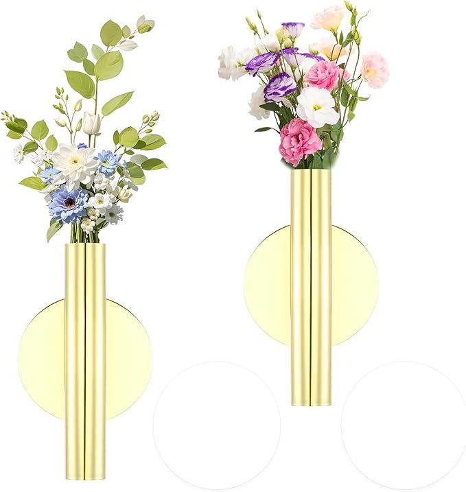 2 Pack Gold Circular Wall Vases for Flowers, Metal Hanging Wall Planters for Modern Home Decor, Hanging Flower Vase Holder for Faux & Dried Flowers, Wall Planters for Living Room & Bedroom Decor