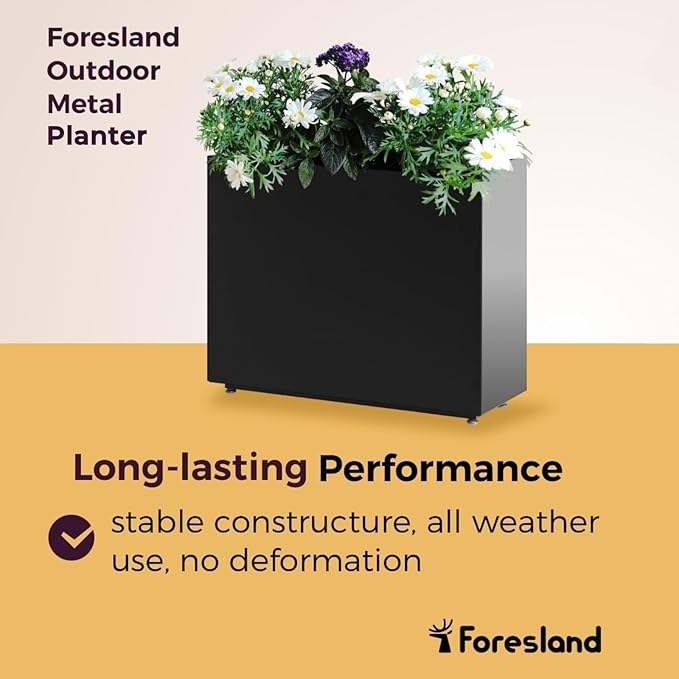 Tall & Long Metal Planter with Middle Shelf - 30W x 11D x 24H Black Rectangular Outdoor Planter Box, Span Divider for Garden, Patio, Yard | Easy 5-Min Assembly, Drainage Holes, Adjustable Feet