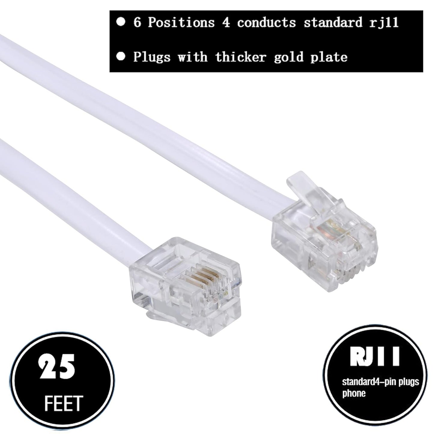 25 Feet Long Telephone Extension Cord by [Brand Name] - Standard RJ11 Plug, In-Line Couplers & Cable Clips | White