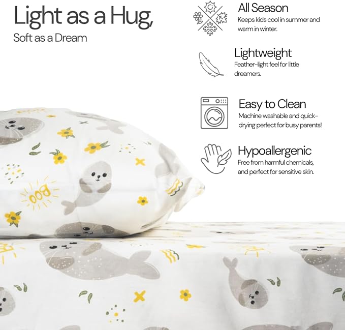 Salt Earth 100% Cotton 210TC Kids Bedsheet, Twin Fitted Sheet, Toddler Bed, 2 Piece Bedding Set- 1 Fitted Sheet and 1 Pillowcase, Themed Toddler Bed Sheets, Cute Sheets for Kids Bed (Seal)