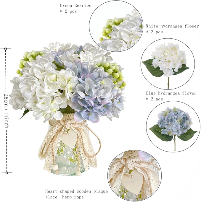 Faux Hydrangeas in Glass Vase, Artificial Fake Flower Silk Hydrangea Bouquet with Vase, Table Centerpiece Decorations Wedding Bouquets for Party Office Farmhouse Kitchen Home Decor