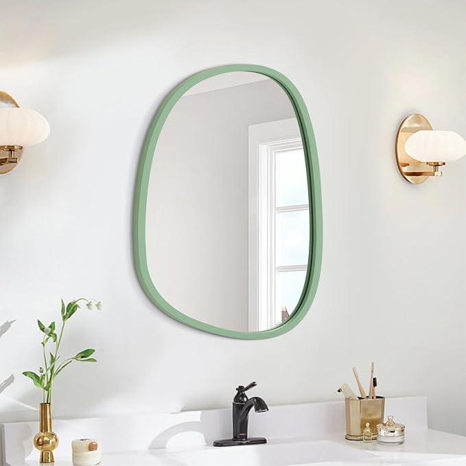 Wooden Framed Irregular Mirror - Modern Artistic Asymmetrical Oval Hanging Wall Mirror for Bathroom, Bedroom, Living Room, Entryway & Hallway