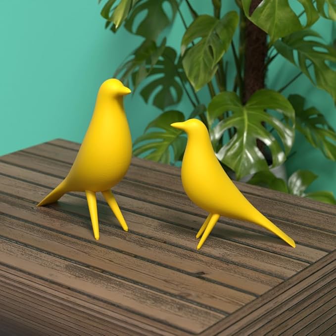 Mid Century Modern Retro Style Bird Family Decor Vintage Look Figurines 1960s 50s MCM Midmod Set of 2 Office Decoration Home Living room Gift (Yellow)