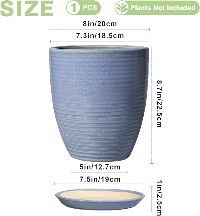EEPFamily 8 Inch Plant Pot- Ceramic Planter for Indoor Outdoor with Drainage Hole and Plant Tray, Modern Round Porch Home Office Garden Living Room Decor, House Warming Gifts, Blue-Purple
