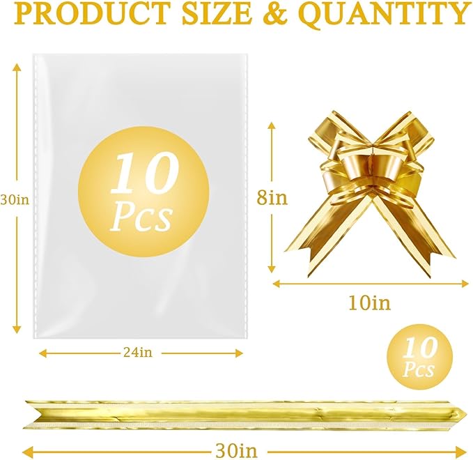 PigPotParty 24"x30" Clear Cellophane Gift Bags - Includes Bows – 10 Pack Large Cellophane Wrap for Gift Baskets, Plastic Gifts Bags for Gift Giving