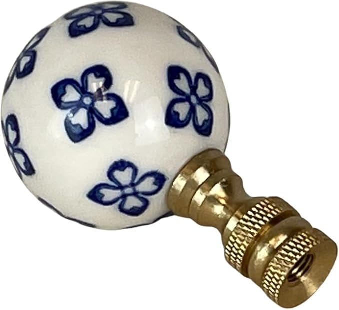 Royal Designs, Inc. White Porcelain Ball with Blue Ornament Design Finial for Lamp Shade, Polished Brass