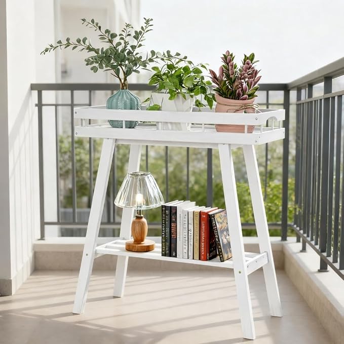 BAMBANG Bamboo Plant Stand Indoor, 2 Tier Small Plant Table, Tall Plant Stand for Indoor Plants, Window Sill Plant Shelf, Flower Pot Holder Plant Bench Plant Rack for Living Room, White