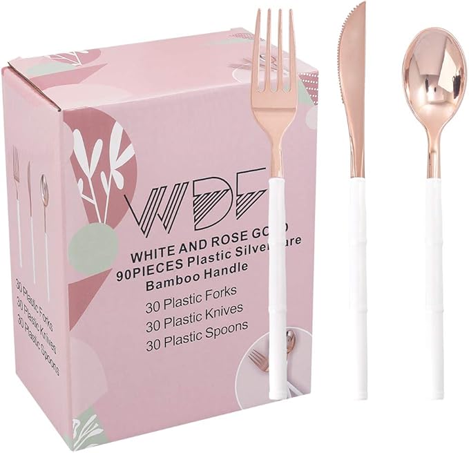 WDF 90Pieces Rose Gold Plastic Silverware - Rose Gold Plastic Cutlery with White Handle- Heavy Duty Disposable Silverware Include 30Forks, 30 Spoons, 30 Knives for Wedding, Party