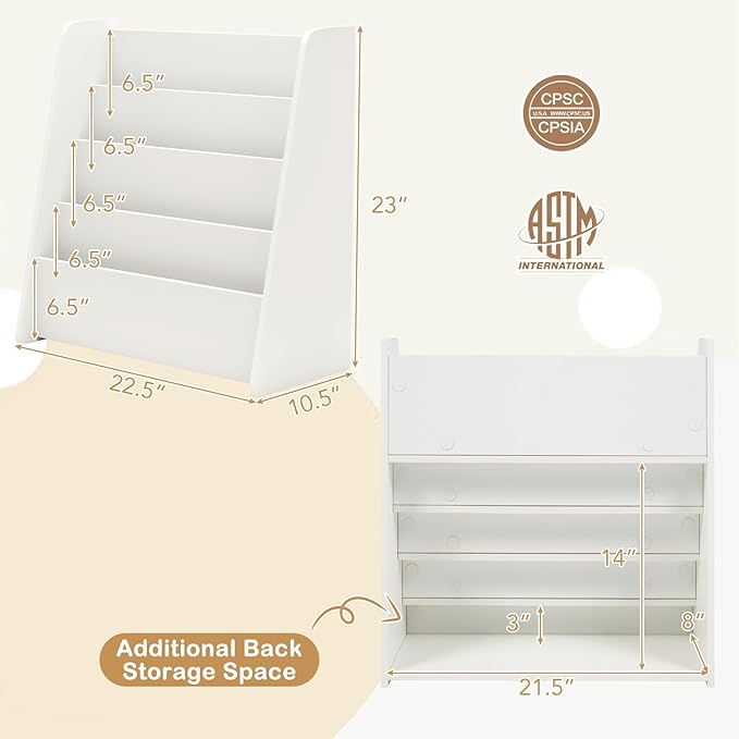 HONEY JOY Kids Bookshelf, 4-Tier Wooden Toddler Bookcase, Children Book Rack & Magazine Display Shelf, Toy Storage Organizer, Book Shelf for Kids Rooms, Playroom, Nursery, Classroom (White)