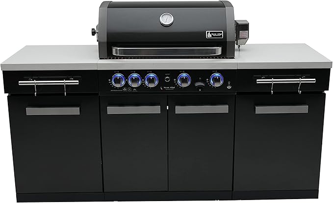 Mont Alpi MA-957 5-Burner 63000 BTU Black Stainless Steel Outdoor Kitchen Bar Gas Island Grill with Infrared Rear Burner + Rotisserie Kit + Granite Countertop + Storage Cabinets & Full Weather Cover