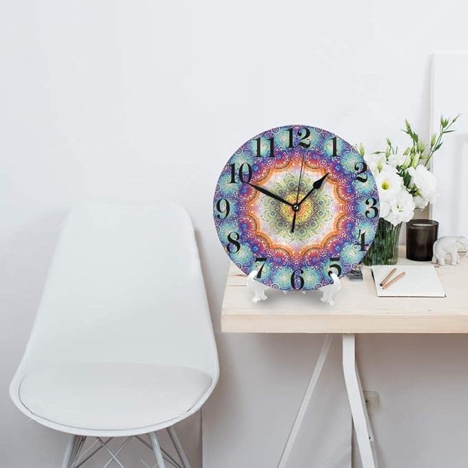 Mandala Wall Clock Battery Operated Silent Non Ticking Round Clock Bohemian Peacock Feathers Wall Decor for Home, Office, School 9.8 Inch