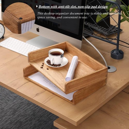 DDYURI Stackable Wood Paper Trays - Stylish Desk Organizer for Letters & Magazines | 2-Piece Set in Light Wood