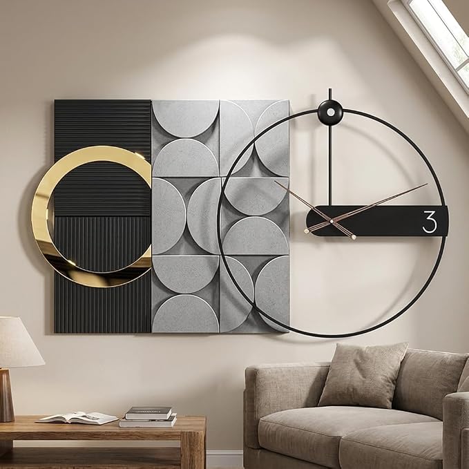 Modern oversized Wall Decor Clock, Large Geometric Decorative Wall Clock with 3D Textured Panels, Silent Non-Ticking Quartz, Black Gold & Grey Wall Art for Living Room Dining Room Office, 41×23.6"