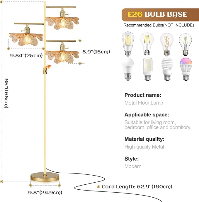 Vintage Floor lamp Dimmable Standing Lamps for Living Room, Modern Tall Floor lamp Gold Floor Lamps 65" Farmhouse Floor Lamps Amber Glass Tall lamp for Corner Bedroom Study Office Home