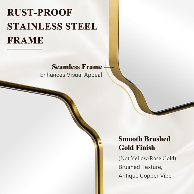 ANDY STAR Square Gold Vanity Mirrors, 24"x24" Brushed Brass Scalloped Bathroom Mirror, Antique Wall Mirror with Anti-Rust Stainless Steel Frame, Rounded Notched Corner Design Ideal for Home Deocr