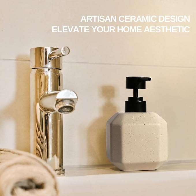 LuxFlowing Elegant Ceramic Soap Dispenser with Pump, Small, Cute and Simple Style, Ideal for Bathroom Hand Soap and Kitchen Dish Soap (Beige)