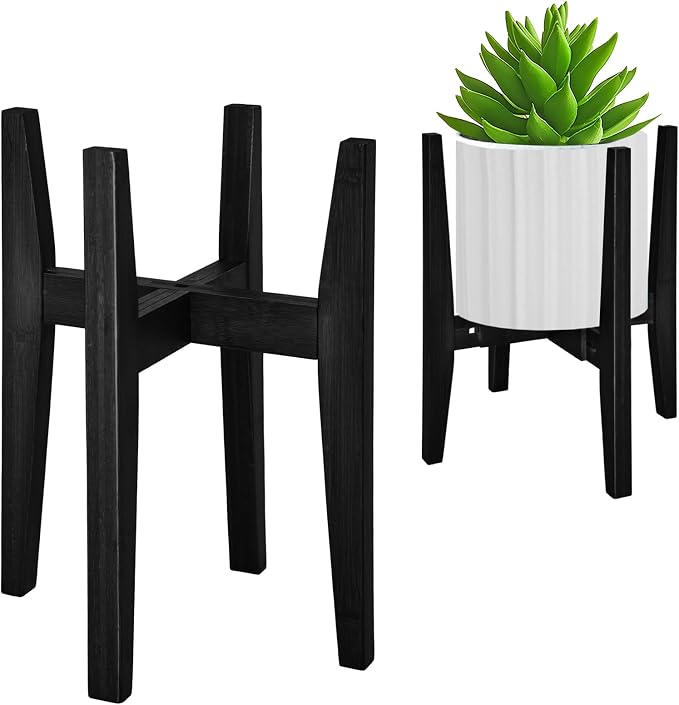 Rnined Plant Stand Indoor, Bamboo Plant Shelf, Adjustable Corner Plants Flower Holders Single Floor Plant Stand, Fits 8 to 12 Inches Pots,(Pot & Plant Not Included)(Black)
