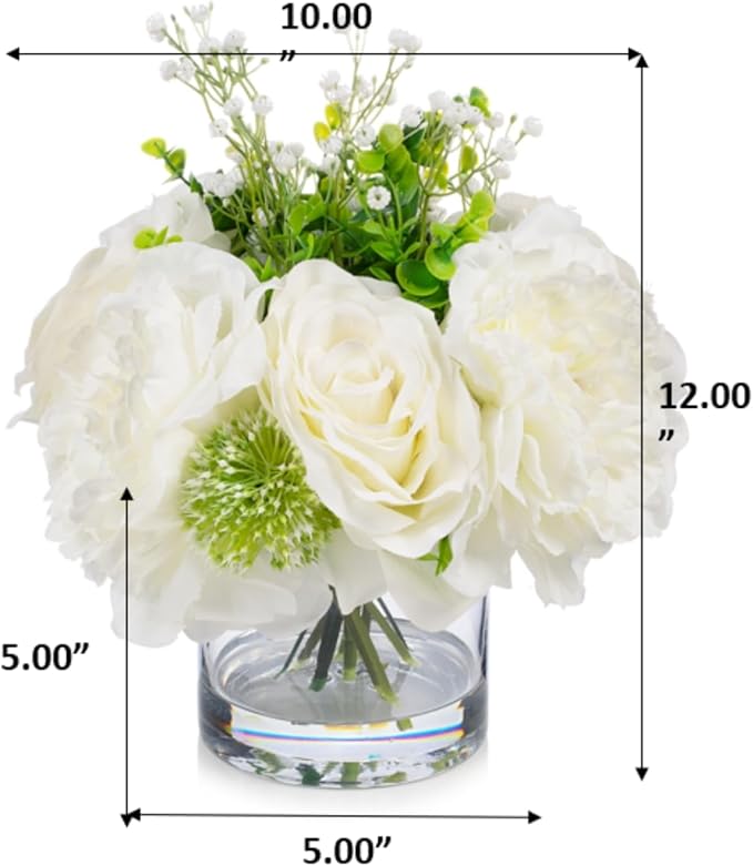 ENOVA FLORAL Artificial Rose Flowers in Vase, Mixed White Rose and Silk Peonies in Vase with Faux Water for Dining Table Centerpieces, Home Decor Indoor (FL-158-Cream)