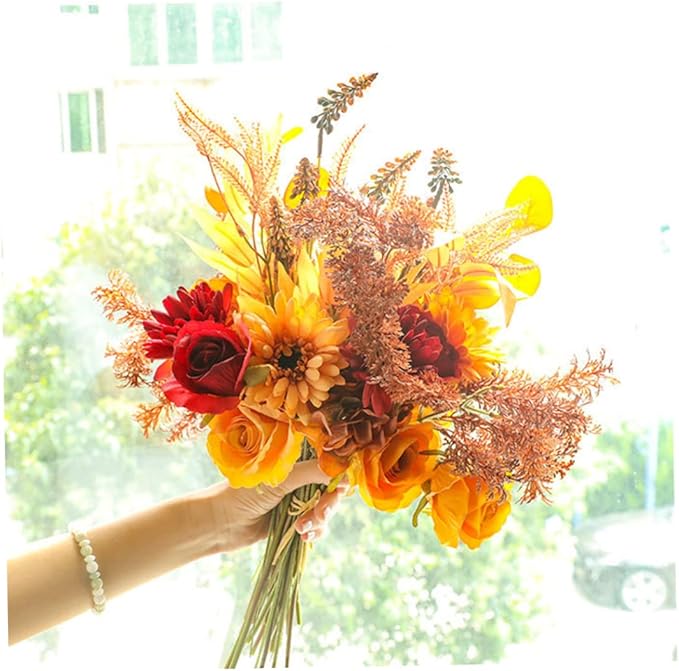 Artificial Flower Bouquet Sunflowers Roses, Fall Decor Bridal Bouquets Silk Flowers for Home, Party, Wedding, Porch, 2 Sets