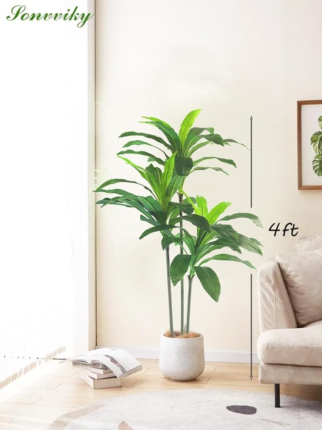 Artificial Plants Indoor-4ft Artificial Dracaena Plant – Fake Tree Realistic Fake Indoor Plant with Zero Maintenance for Home and Office Decor Sonvviky