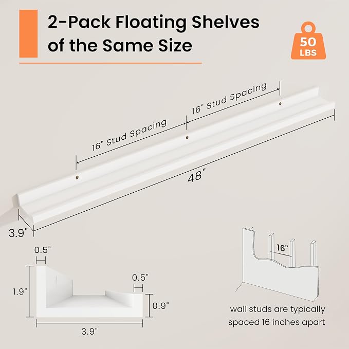 RICHFOCUS Picture Ledge Shelf, 48 inch Floating Shelves Set of 2, Wood Wall Shelves with Lip, Wall Decor Storage for Bedroom Living Room Bathroom Kitchen Nursery Photo Picture, White