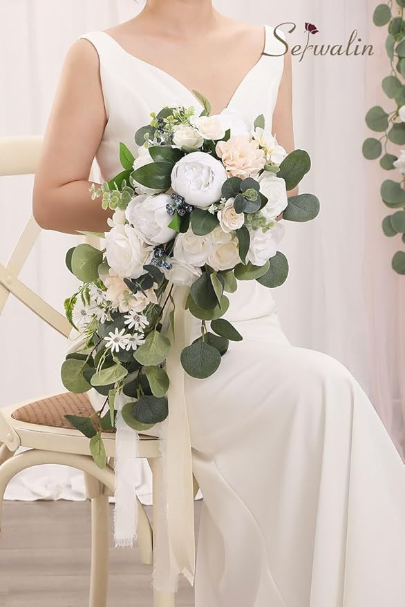 Serwalin 9.8 Inch Wedding Bouquets for Bride Bridesmaid, Forest White Peonies Bridal Bouquets for Bride, Wedding Flowers Bouquet Tossing Bouquet, Wedding Ceremony and Anniversary Day Decor