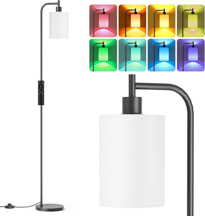 SIBRILLE RGB Floor Lamp with Linen Shade, Dimmable Tall Standing Lamp with Remote Control, Color Changing Floor Lamps for Living Room Bedroom Gaming Room, 9W RGB Bulb Included