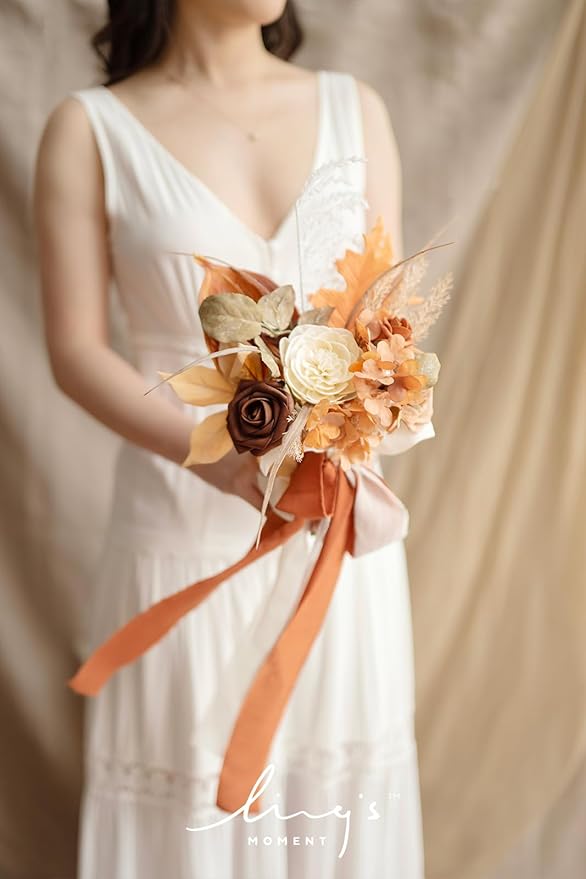 Ling's moment Artificial Flowers Boho Bridesmaid Bouquet, Terracotta Wedding Flowers Bouquets, 7 Inch Bridal Bouquets for Bridesmaids, Wedding Decor, Ceremony, Anniversary, etc