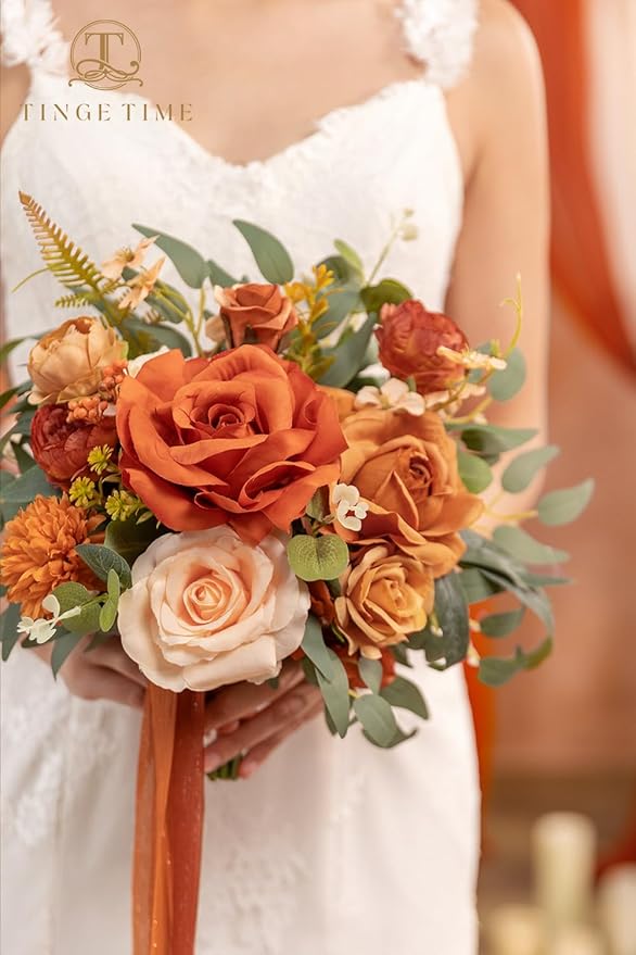 TINGE TIME Wedding Bouquets for Bride, 9 Inch Handcrafted Silk Bridal Flowers Bouquets for Fall Wedding Ceremony, Gift for Bridesmaid, Bouquet for Party Church Decoration (Brunt Orange)