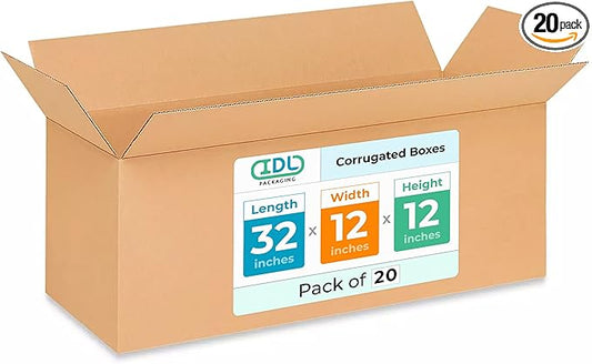 Long Shipping & Moving Boxes 32"L x 12"W x 12"H (20-Pack) - Extra Strength 200 lb vs Regular - Corrugated Packing Boxes Made in USA - Heavy Duty Moving Box - Cardboard Packing Box by IDL Packaging