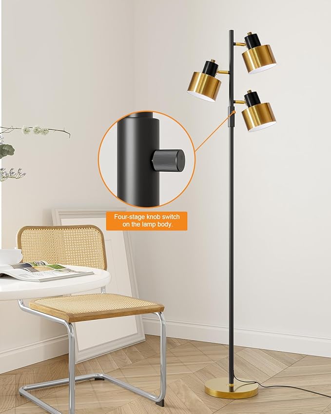 OYEARS Floor Lamp for Living Room Bright Lighting Tall Modern Industrial Vintage Standing Corner Lamps LED Metal Light Office Bedroom Study Gold Black Cream Matte Accent (3-Light, Black)