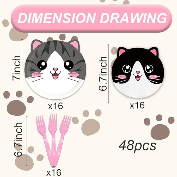 48Pcs Cute Cat Birthday Decorations Plates Cat Party Decorations Include Desserts Plates Napkins Forks for 16 Guests