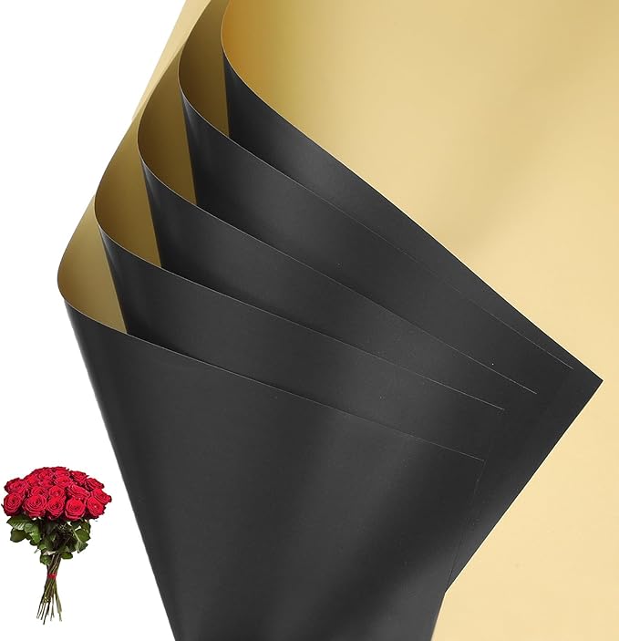 PATIKIL Flower Gift Wrapping Paper, 20 Sheets Double Sided Golden Waterproof Bouquet Paper Wrap Florist Supplies Packaging Floral Papers for Wedding DIY Craft Valentine, Black/Gold
