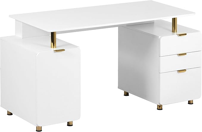Elegant 56.75" W Executive Desk with 3 Drawers and Storage Cabinet, Modern Office Desk with Gold Accents, Floating Work Surface, Closed Storage with Ventilation & Adjustable Shelf (White,Gold)