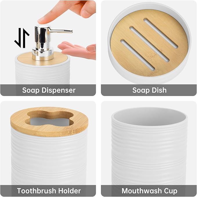 4 Pieces Bamboo Bathroom Accessories Set, Bathroom Accessory Set with Soap Dispenser and Toothbrush Holder, Soap Dish and Toothbrush Cup, Boho Bathroom Decor(White)