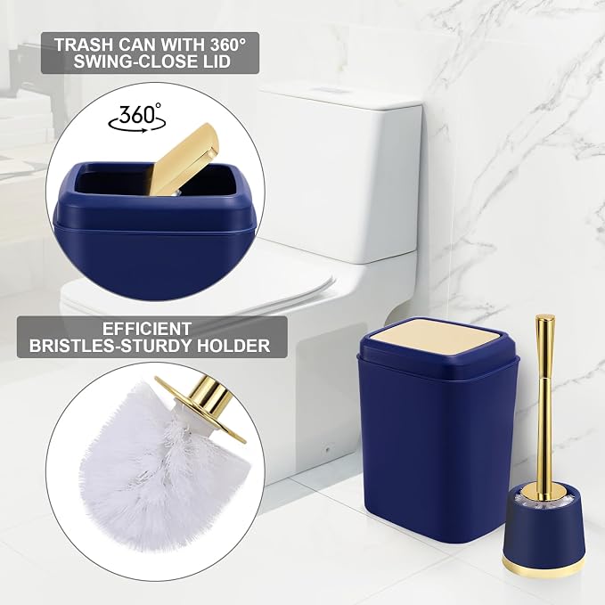 XLHOMO Navy Blue Bathroom Accessories Set -10 Piece Bathroom Accessory Set with Trash Can, Soap Dispenser, Soap Dish, Toothbrush Holder and Cup, Toilet Brush, Qtip Holder, Bathroom Decor Sets Complete
