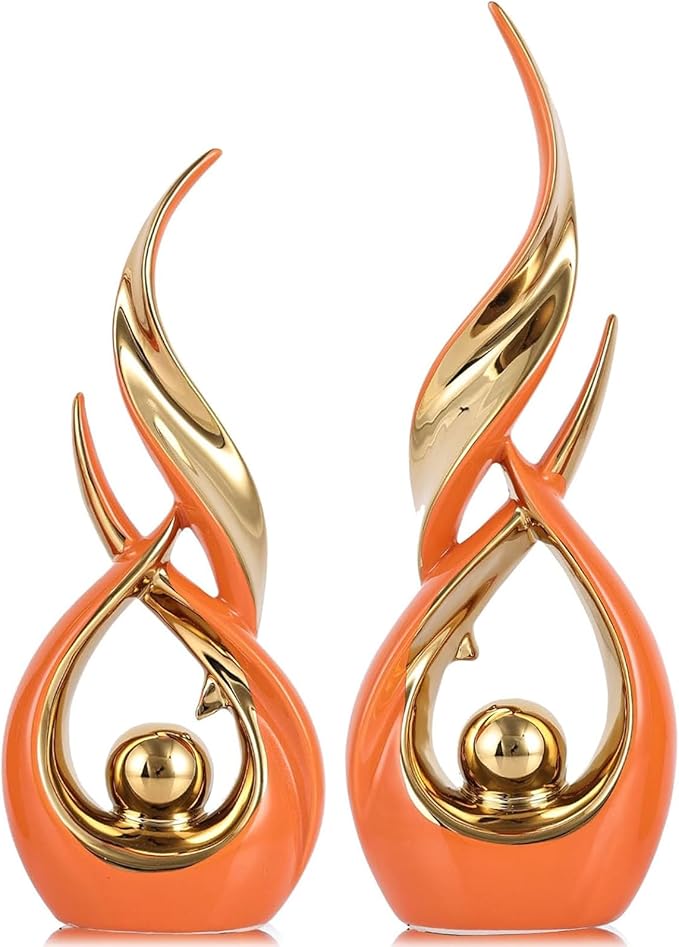 2 PCS Orange Gold Ceramic Statues For Home Decor Accents, Modern Abstract Art Sculptures, Elegant Tabletop Decorative Objects For Dining Room, Entryway, Tv Stand, Mantel, Coffee Table Centerpieces