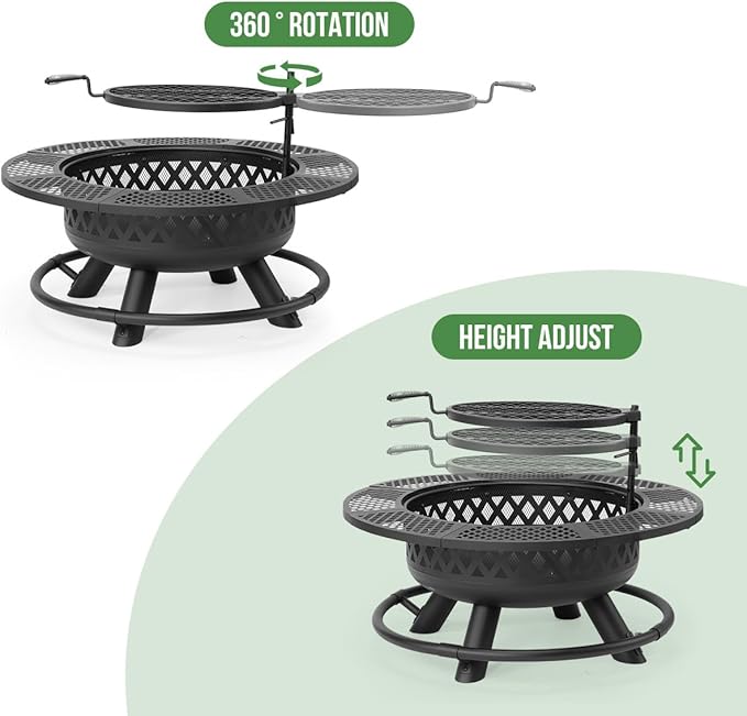 Panovue 36 Inch Fire Pit with Grill,Wood Burning Fire Pits for Outside with Lid& Fire Poker,Round Metal Firepit Table 3 in 1 with Cooking Grate,Outdoor Firepits for Yard Patio Bonfire Camping(Black)