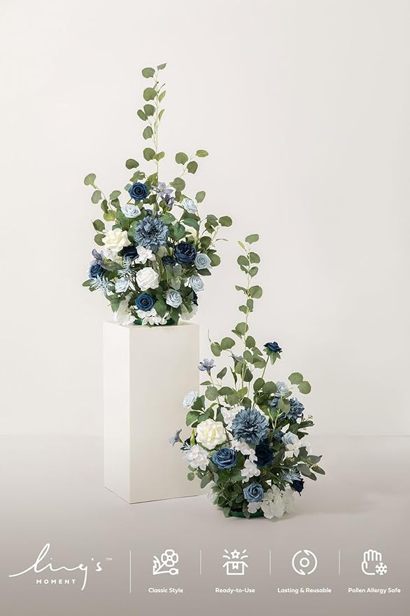 Ling's moment 41" Tall Free Standing Artificial Flowers Arrangements 2 pcs Wedding Arch Altar Stage Decorations Dusty Blue Navy for Ceremony Reception Silk Rose Fake Floral Party Outdoor Beach Decor
