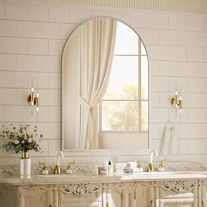 BEAUTYPEAK 30"x40" Arch Bathroom Mirror, Wall Mounted Vanity Metal Frame Mirror for Bedroom, Entryway, Living Room, Silver