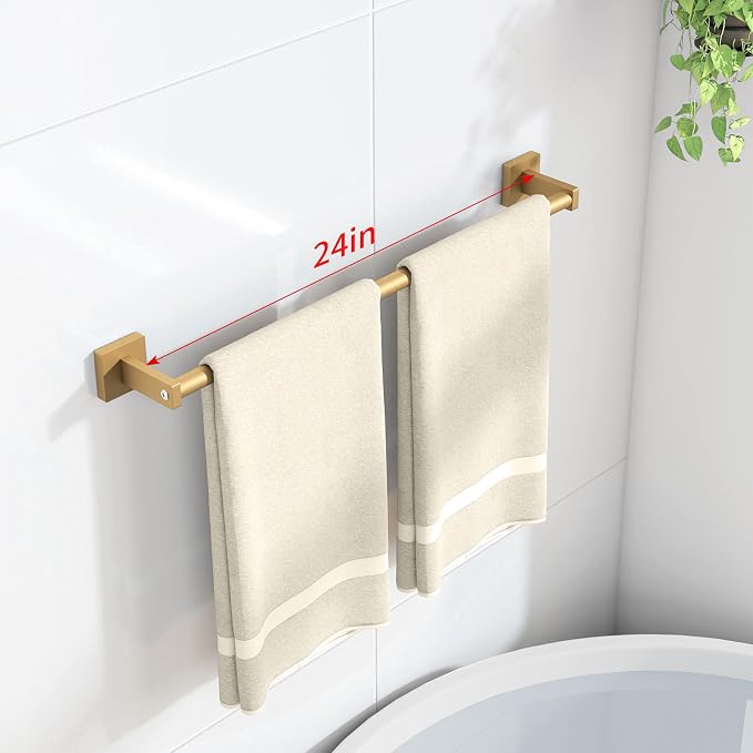 MKO Towel Bar for Bathroom, 24" Towel Racks for Bathroom Hanger Wall Mounted, Hand Towel Holder Rod with Metal for Kitchen Home, Gold 2 Pack