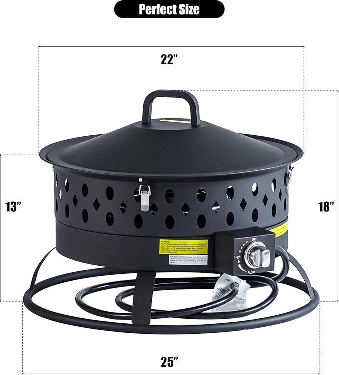 Verdeluxe 22 Inch Portable Propane Fire Pit,Gas Fire Pit for Outside with Lid & Handle, Smokeless Gas Firepit Bowl with Lava Rocks,Outdoor Propane Firepits for Camping,Patio,Yard,Bonfire.(Black)