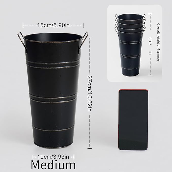 Notakia 10.62 Inch Galvanized Metal Vases Farmhouse French Flower Bucket Vases for Cut Flowers for Home Decor and Wedding Table Centerpiece Decorations (Medium Size Black 8Pcs)