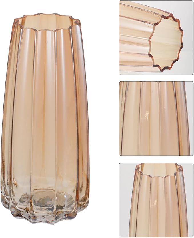 TOYANDONA Creative Electroplated Ribbed Amber Glass Vase Desktop Floral Container for Home Decoration and Flower Arrangement Gift for Special Occasions
