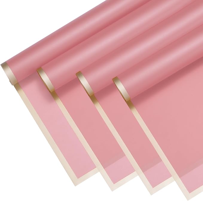 M METERXITY 20 Sheets Flower Wrapping Paper Bouquet, 23 Inch Pink Gold Edge BOPP Waterproof Floral Wrapping Paper Flower Packaging DIY for Wedding/Party/Birthday/Gift Bouquet Wrap Paper