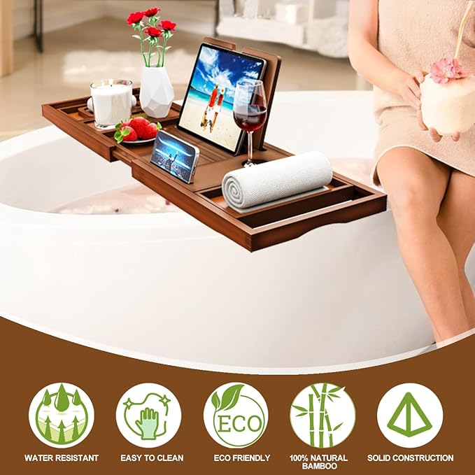 Premium Bathtub Tray Caddy - Bath Table Tray for Bathtub - Bath Tub Tray Table for Bathtub, Expandable Size, Fits Most Bath Tubs