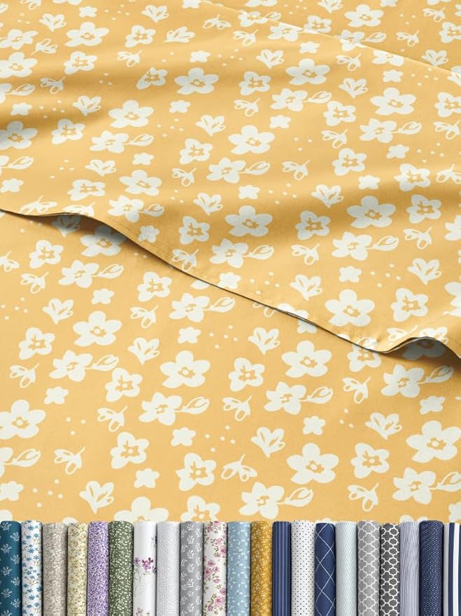 Floral Sheets - Yellow Floral Bed Sheet Set - 1 Flat, 1 Fitted & 1 Pillowcase w/ Deep Pockets - Comfy, Wrinkle & Fade Free - Boho Botanical Bedding - Soft, Breathable and Cooling - Twin XL Size Set