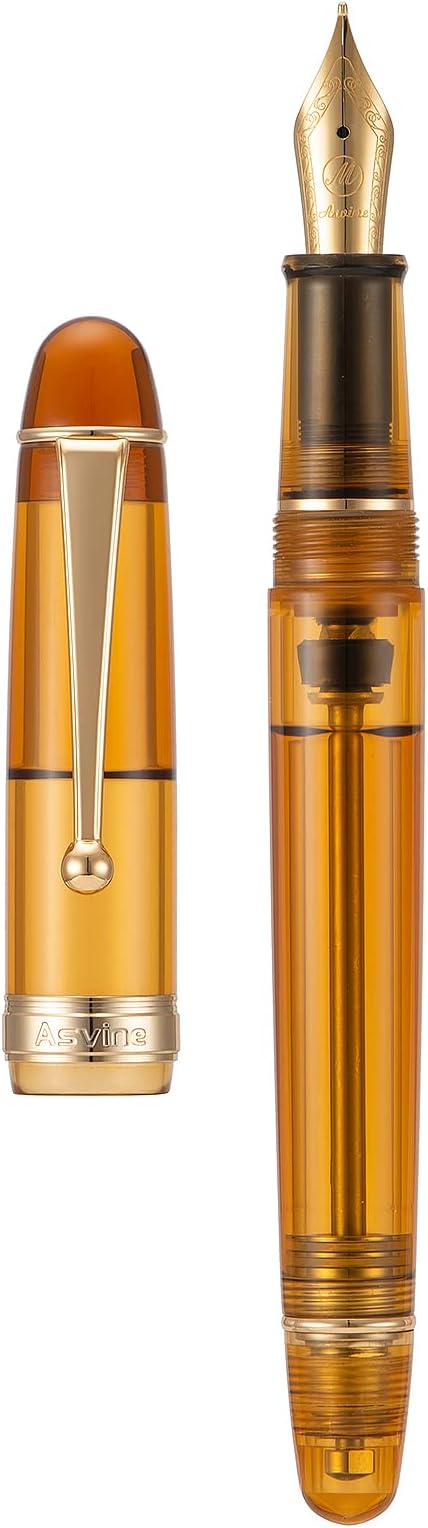 Asvine V126 Vacuum Filling System Fountain Pen Gold Plated Fine Point, Brown Pen Gift Case