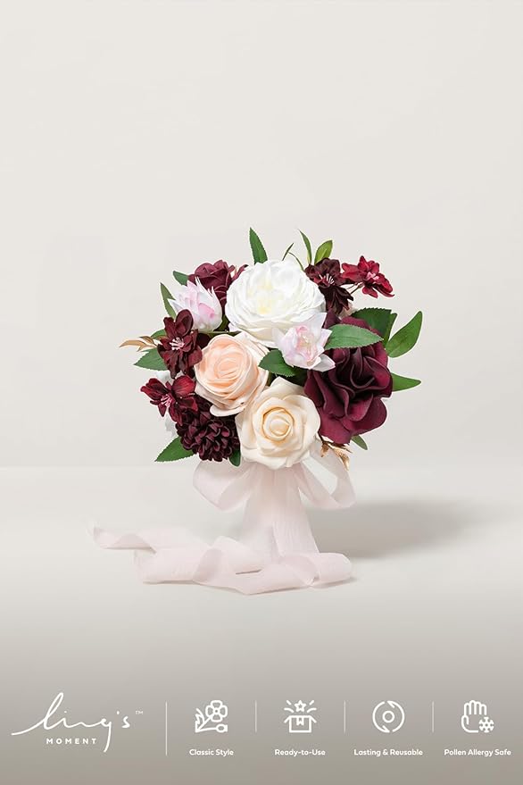 Ling's moment Artificial Flowers Red Bridesmaid Bouquet, Marsala & Blush Wedding Flowers Bouquets for Bridesmaids, 7 Inch Bridal Bouquets for Bridesmaids, Wedding Decor, Ceremony, etc