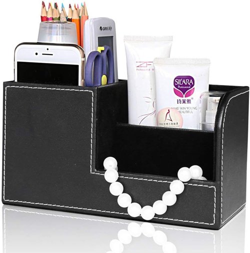KINGFOM Desk Organizer - Multi-Function PU Leather Storage Caddy for Office Supplies | Black